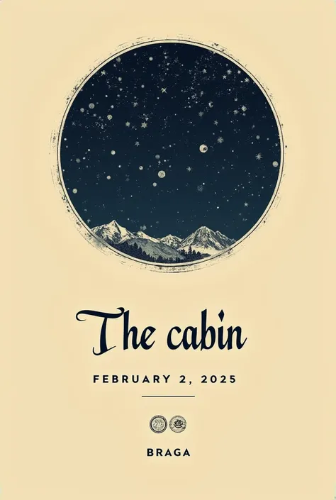  Beige background image ,  with a circle in which its interior is filled with stars and constellations.  Underneath this circle must be written  " The cabin".  Underneath this text must be written  " FEBRUARY 2, 2025 ".  Underneath must be written  "Braga"