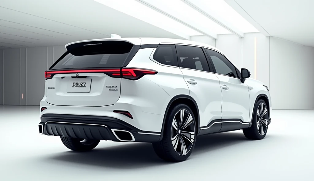 An ultra-realistic, futuristic half side view of a  ( 2025 Mitsubishi Outlander ) showcasing its sleek and aggressive design  " White" exterior features a wide, impressive " White"bumper with intricate accents and a modern, . The back licence plate area pr...