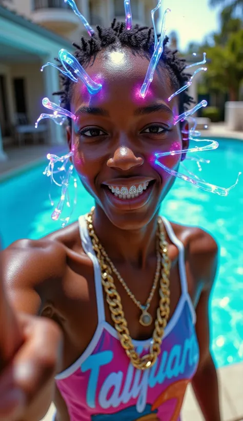 gr!llz, in the style of Jed-clrfl, overexposed photograph An ultra-realistic, first-person view (FPV) of human-like ebony American breathtakingly beautiful character inspired by sci-fi aesthetics.  Perfect hand, Detailed hand, The character has luminous pe...