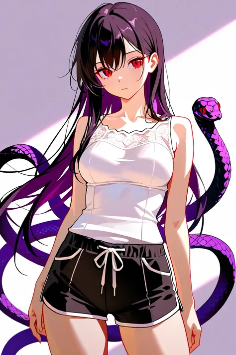 BEST QUALITY, ULTRA DETAILED, PERFECT ANATOMY, HIGH DEFINITION, INTRICATE DETAILS, ALONE, 1girl, purple snake hair, long hair, red eyes, slit pupil, medium breasts, slender. Casual clothes: white shirt, sleeveless, short, short black shorts. Background neu...