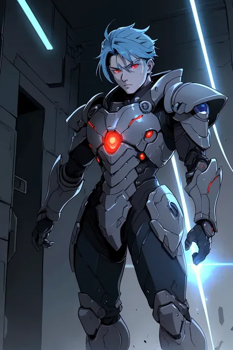 The clothes inside are dark，Clothes with metal technical parts,Tech Armor )     technology  Repulsors, light armor   vast,  gauntlet,  anime , energy  beam  gauntlet  , male ,   arm Connor,  blue hair  , red  eye,  