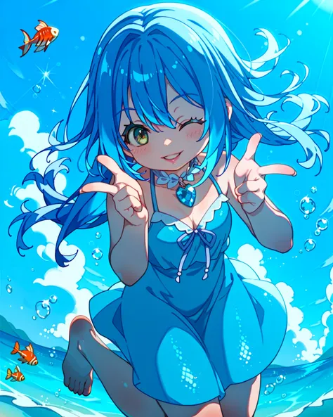 Sparkling night view、 one mermaid girl(  pees on a very young  、 blue hair(( dark blue and light blue gradation)、( long、 straight hair))、blue dress bikini、 kind smile、 wink、 putting fingers on lips ( Details)、barefoot)、 Fantastic(blister、 glitter)、 Fantast...