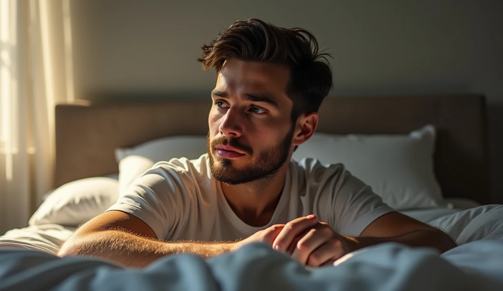 A handsome bearded young man with fair skin, brown hair and hazel eyes sits on the bed and catches his breath