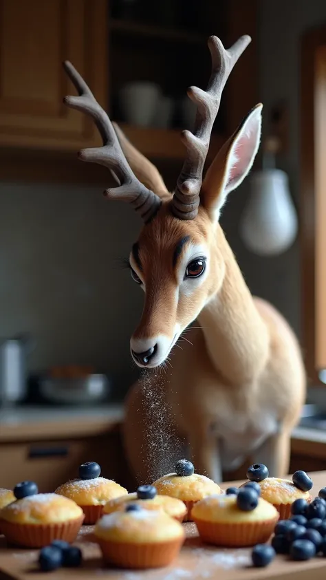 A CLOSE-UP HYPER-REALISTIC Saiga Antelope CHEF IN A CABIN KITCHEN WITH BIRD FEEDERS OUTSIDE, MAKING THE MOST DELICIOUS BLUEBERRY MUFFINS. ITS SHARP BEAK PECKS AT A STRAY BLUEBERRY AS IT CAREFULLY SPRINKLES SUGAR ON TOP –AR 9:16.