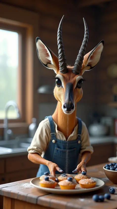 A CLOSE-UP HYPER-REALISTIC Saiga Antelope CHEF IN A CABIN KITCHEN WITH BIRD FEEDERS OUTSIDE, MAKING THE MOST DELICIOUS BLUEBERRY MUFFINS. ITS SHARP BEAK PECKS AT A STRAY BLUEBERRY AS IT CAREFULLY SPRINKLES SUGAR ON TOP –AR 9:16.