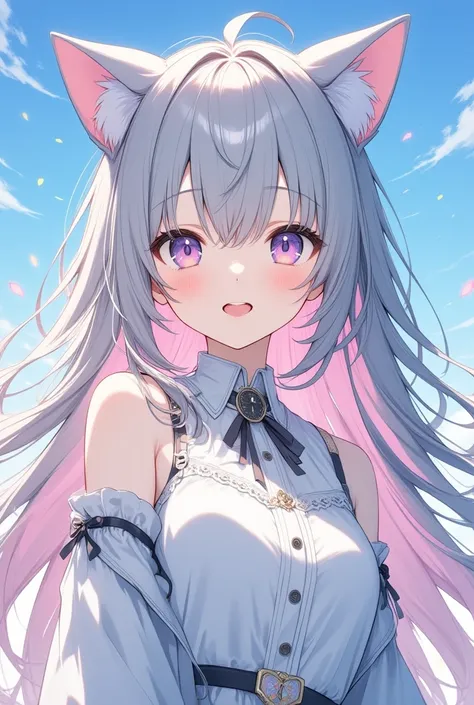  Long silver hair, The inner layer of the hair is pink,using pale lines and gentle colors is like a dream,fleeting impression,one woman,Bluesky background,Cute clothes,  Cat ears girl,Beautiful work,Pink Eyes, Stick out your tongue