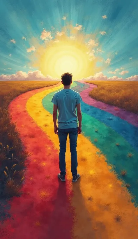  Create an image of a person at a crossroads ,  with several paths opening up ahead .  Each path has a different color ,  symbolizing different choices . The person is looking at the horizon,  with an expression of determination . Symbolic and inspirationa...