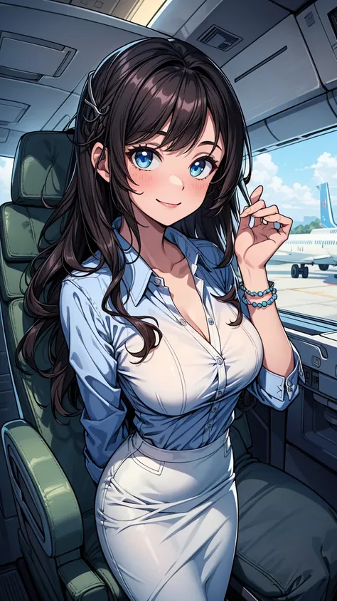 ((masterpiece, best quality:1.3, high detail)), beautiful woman, smile, (flight attendant), long wavy hair, (dark hair), hairpin, bright eyes, (white collar shirt), (blue pencil ((skirt)), bracelets, collarbone, high heels