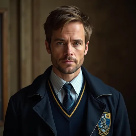 . Neil Patrick Harris, 40 years old, Deep blue eyes, short straight light brown hair,   dressed as a ravenclaw, definite outline  ,  highlighter  , baddie , Hogwarts background, realistic , baddie , Ravenclaw uniforme, warm lighting, full body, stunning, s...