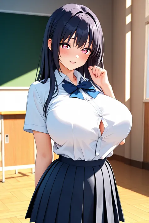  beautiful 3d anime style girl,  with big breasts,   ,  schoolgirl clothes, In a school, showing breasts to the spectator and smiling