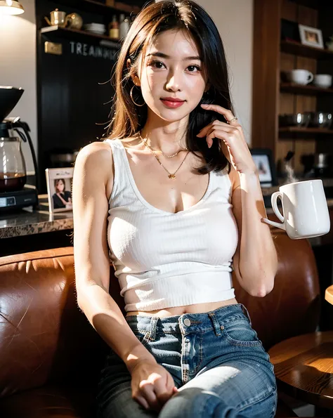 Create a warm and inviting image of a stunning young adult Caucasian woman with a bright, captivating smile, likely in her early twenties, sitting comfortably in a cozy coffee shop, surrounded by the aroma of freshly brewed coffee and the soft glow of morn...