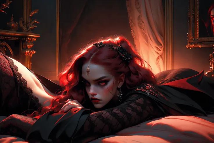 beautiful vampire woman, extremely detailed eyes and face, long red hair, red eyes, black victorian gown, piercing look, red lipstick, photorealistic, 8k, high quality, dramatic lighting, dark moody atmosphere, gothic, cinematic, laying on the bed, whole b...