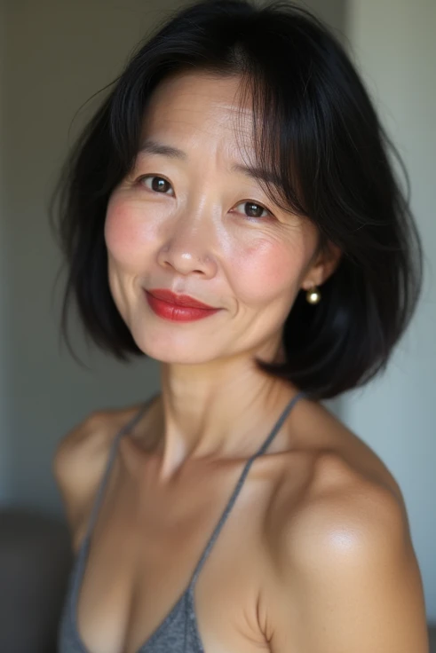 (One mature woman), (55-year-old woman:1.5),  Japanese Mature Woman,  ( facial wrinkles:0.8), Kind Face,  mature woman, (Dull skin:1.5), (Aging skin:1.5),  Small face,  black hair, Big Breasts,  saggy breasts,  short hair, I'm not wearing any ornaments,  d...