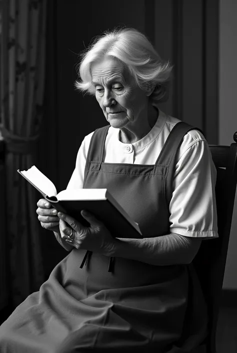  CREATE A REAL IMAGE, humanized by a German missionary , Half-elderly in the 57-year-old age range, In black and white with small hair that hits around the neck half blond round skirt and simple blouse, sitting on a chair reading the Bible  