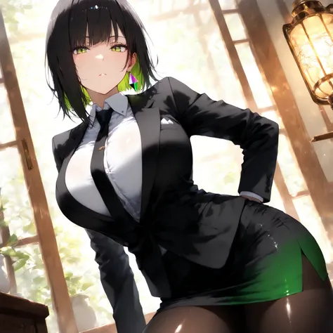 masterpiece, (((( best quality )))),1 girl, Japanese Anime ,,shiny skin, wearing a black suit,skirt suit, black tie , dark hair, short bob hair,The inner color of the hair is green, green eyes,isosceles triangle earrings, black tights,large breasts,