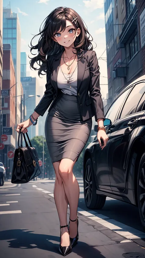 ((masterpiece, best quality:1.3, high detail)), beautiful business woman, smile, long wavy hair, (dark hair), hairpin, bright eyes, (gray blazer), (black pencil ((skirt)), necklace, bracelets, collarbone, heels, (lower body), city, 