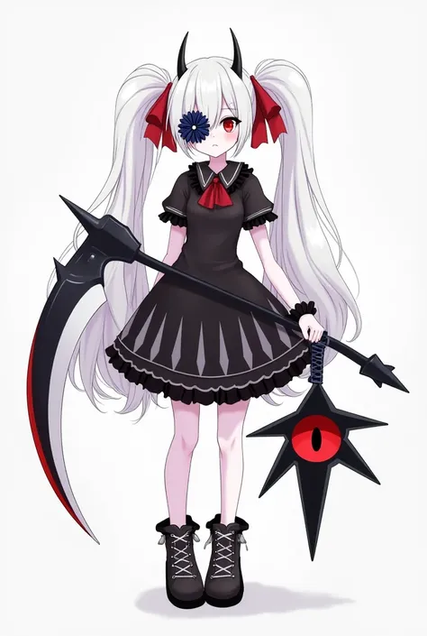 "A pale-skinned vampiress with long white hair, tied into two large pigtails held in place with red bows. Her eyes are a deep red, but her right eye is covered by a navy blue flower with white outlines, obscuring her vision on that side. She wears a black ...