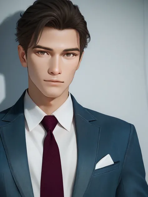 1boy, handsome, youthful vibe, half-body photo, (((suit and shirt))), (((tie))), light-colored printed denim jacket, male focus, hazy eyes, translucent, hazel eyes, realistic 3d model, 2.5D, flat coloring, light lips, looking at viewer, light and shadow va...