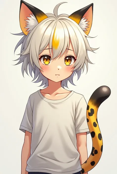 A young boy, white skin and a defined body .  golden eyes and white hair with yellow tips.
 Leopard ears on top of the hair ,  next to a leopard tail again , These anime-style features are quite attractive