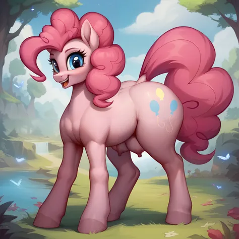 score_9, score_8_up, score_7_up, score_6_up, score_5_up, source pony, Ponka, nsfw, solo, my little pony, mlp, pinkie pie, detailed forest background, cute face, huge ass, horse teats, breasts, like a blimp, wide hips, big ass, tetrapod, for legged, 4hooves...
