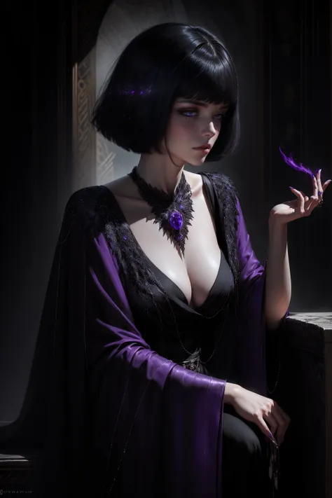 she has short hair, flowing raven-black hair (bangs) and pale, almost ethereal skin. Her eyes are a deep violet, giving her an otherworldly appearance. She dresses in flowing robes of dark purple and black, often adorned with symbols of the occultism, back...