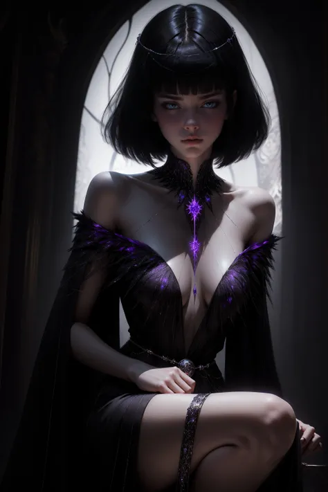 she has short hair, flowing raven-black hair (bangs) and pale, almost ethereal skin. Her eyes are a deep violet, giving her an otherworldly appearance. She dresses in flowing robes of dark purple and black, often adorned with symbols of the occultism, back...