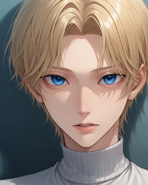 solo,blonde hair,1boy,male focus,bishounen,skinny, lips,portrait,short hair,parted bangs,blue eyes,turtleneck,