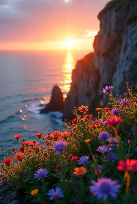 The first rays of sunlight in the morning，cliff，Dew drops on beautiful flowers in cracks of rocks，(sunrise)，Beautiful picture，HD Wallpapers