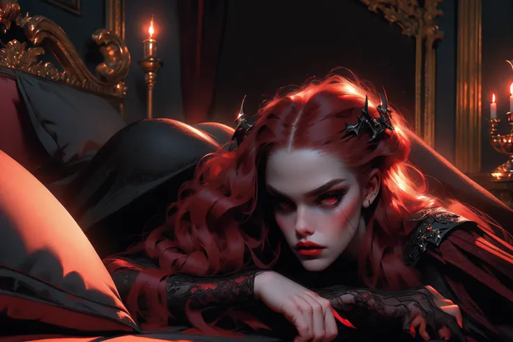 beautiful vampire woman, extremely detailed eyes and face, long red hair, red eyes, black victorian gown, piercing look, red lipstick, photorealistic, 8k, high quality, dramatic lighting, dark moody atmosphere, gothic, cinematic, laying on the bed, whole b...