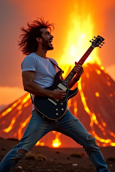 
img_200 Realistic , High details, high resolution. Anatomical correct.  Spanish male guitarist ,  handsome brown leather shoulder-length hair . screaming mouth . White T shirt ,  light blue jeans torn .  Playing black vender electric guitar with picking t...