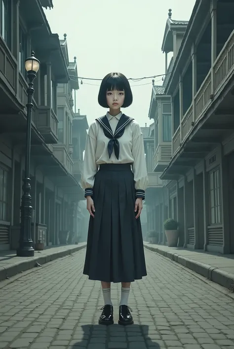 Raise a JAPANESE ager, wearing short black Chanel hair and bangs, with a serious expression,wearing a traditional Japanese student uniform with a short skirt, standing, on a deserted street in a Victorian city, with an old TV set on the floor next to her. 