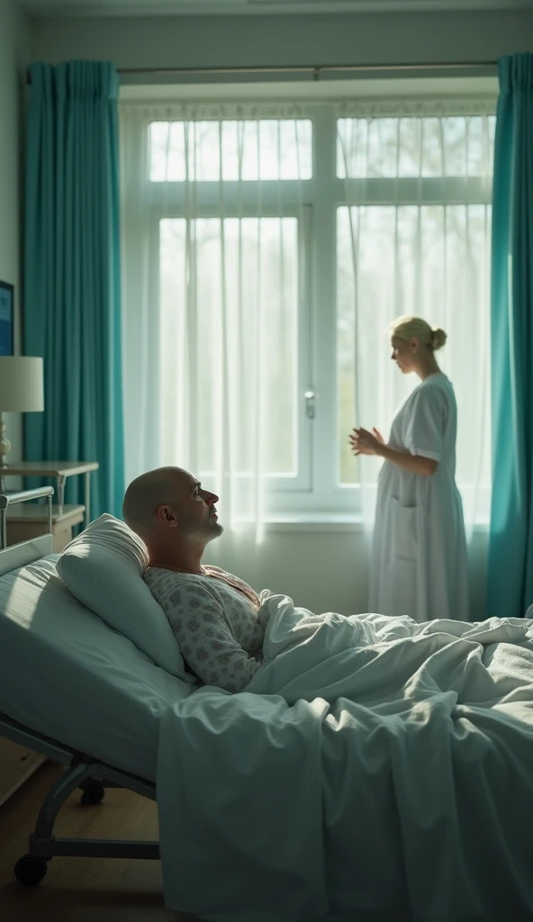 create an image of a bald  ,   lying in a hospital room next to you is an elderly lady kneeling at the bedside, She is praying for God to send an angel to bring her healing the angel is standing next to the bed.