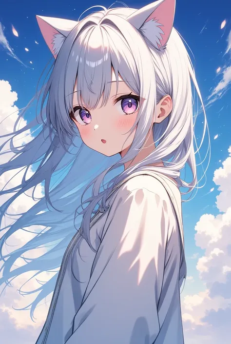  Long silver hair, The inner layer of the hair is pink,using pale lines and gentle colors is like a dream,fleeting impression,one woman,Bluesky background,Cute clothes,  Cat ears girl,Beautiful work,Pink Eyes, Stick out your tongue