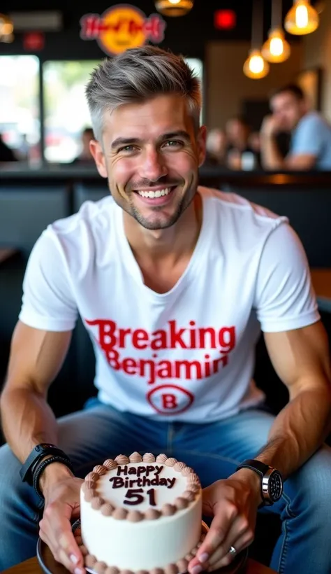 Masterpiece. Happy 24 years old young man, athletic, brown eyes, ((short, military style, grey hair)), clean shaven face, pink full lips, (subtle smile), fair skin, ((white V-neck t-shirt, cut out, with "Breaking Benjamin" logo and text written in red)), b...