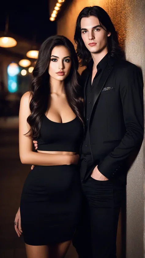 could you picture a  couple at a nightclub the two of the other dressed in a stylish way. the guy  is taller and is very handsome with dark hair. the girl has very very long wavy dark hair with highlights light foxy eyes with freckles and dimples and uptur...