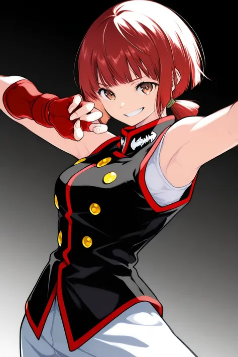 BEST QUALITY, ULTRA DETAILED, PERFECT ANATOMY, HIGH DEFINITION, INTRIGUING DETAILS, ALONE, 1 girl, reddish-brown eyes, short hair, red hair tied in a ponytail. martial artist uniform, with a black vest with red trim, gold buttons, sleeveless, a white under...