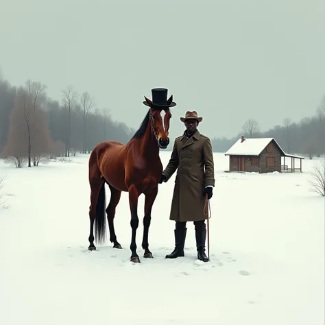 a person is standing next to a horse in the snow with a hat on it's head and a house in the background, Enguerrand Quarton, figuration libre, winter, a stock photo