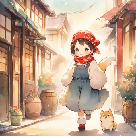  wrapped in a red and white Japanese-style bandana 、A cute Shiba Inu puppy is walking 。 it features a fluffy coat and a curled tail 、 has a gentle expression 。 in an overall soft watercolor illustration style、 warm atmosphere 。