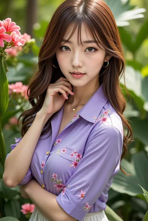  a Japanese Polish woman , light blue red eyes  ,  medium short wavy hair wearing 19-year-old bangs in a lush tropical garden, wearing a purple Lilas Inperial military collar shirt with floral print ,  with a close up capturing the harmonious beauty betwee...