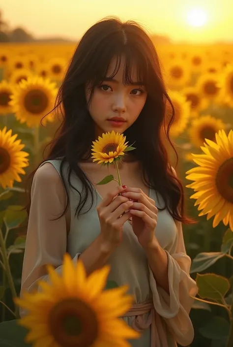 Sexy girl long hair ash black blouse and a sunflower in her hand and sunflowers background 