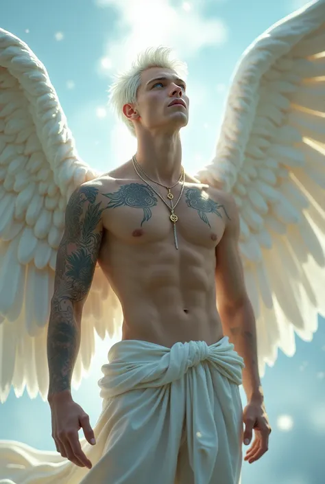  Create a male character with these traits 

An angel, White hair with a medium size ,  blue eyes, white wings,  tattoo all over her body, light-colored clothing and a necklace with the Sun symbol  