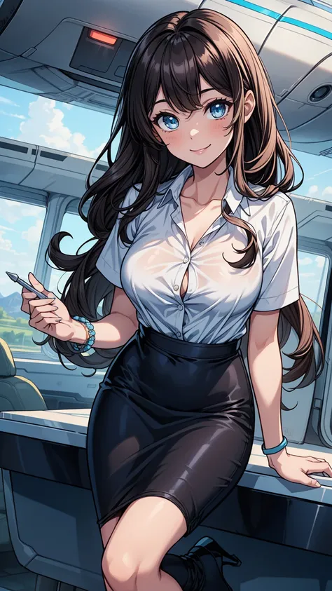 ((masterpiece, best quality:1.3, high detail)), beautiful woman, smile, (flight attendant), long wavy hair, (dark hair), hairpin, bright eyes, (white collar shirt), (blue pencil (skirt)), bracelets, collarbone, high heels