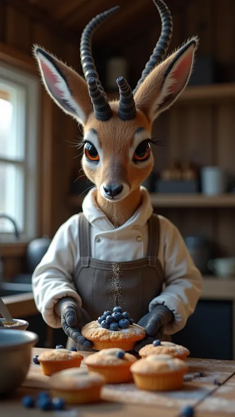 A CLOSE-UP HYPER-REALISTIC Saiga Antelope CHEF IN A CABIN KITCHEN WITH BIRD FEEDERS OUTSIDE, MAKING THE MOST DELICIOUS BLUEBERRY MUFFINS. ITS SHARP BEAK PECKS AT A STRAY BLUEBERRY AS IT CAREFULLY SPRINKLES SUGAR ON TOP –AR 9:16.