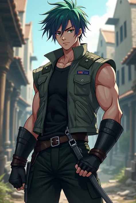  Anime boy, Medieval style,  Green hair with purple tips,  black eyes , sleeveless military gray jacket ,  muscular , black pants  ,  Black Shirt, armor