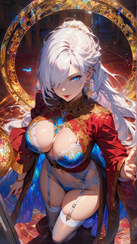 ((Highest quality)),(masterpiece), 8k,Very detailed, Detailed light, Best Shadow,Detailed face, Detailed reflective eyes, Beautiful Eyes, Very Detailed face,shiny hair, Large Breasts,Very tall,Medium gloss,Solo,Tall woman,White Hair, Blue eyes,Red lips, Fa...