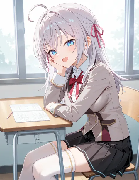 masterpiece, best quality, highly detailed, ultra high res, 1girl, alisa mikhailovna kujou, long hair, bangs, blue eyes, hair ribbon, ahoge, grey hair, red ribbon, large breasts, skirt, shirt, long sleeves, bow, school uniform, jacket, white shirt, pleated...