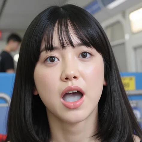  high resolution young Japanese female idol wearing O「Kakki」Photo of, Alone,  1 girl, Wearing black underwear,  focus on face ,  face close-up,  looking at the camera,  straight black hair with bangs ,  pale skin on a street car,  detailed face,  Fine grai...