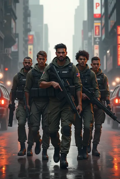  image of five male soldiers friends in a cyberpunk war going to war with different weapons a strong white Italian short,  a white man with tall black hair , one with light brown skin tall with curly hair  ,  a medium-height blonde and one with light brown...