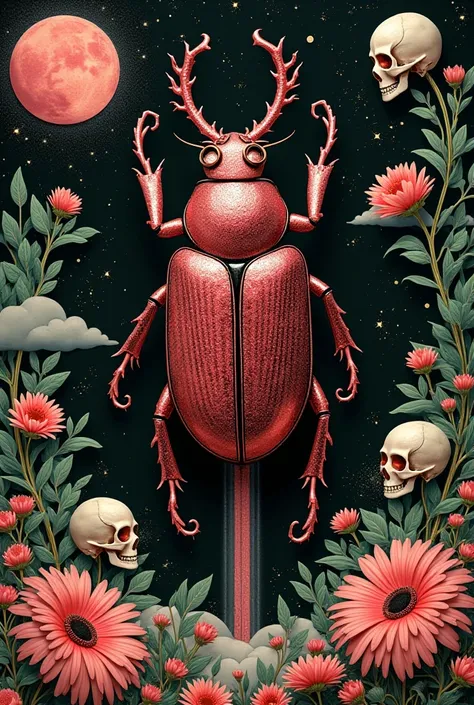 Lacquer art, [ Glowing Pink/Black black drawing of Rocket ships blasting off. Person wearing sparkling red Latex body suit with white gogo boots. Giant Beetle Black glasses. Over a spiky motorcycle helmet. An image of just the texture of a beetle's square ...