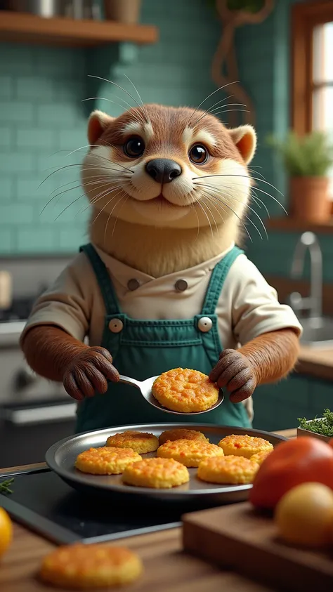 A CLOSE-UP HYPER-REALISTIC OTTER CHEF IN A BRIGHT, WATERSIDE KITCHEN WITH SEA-THEMED DECOR, MAKING THE MOST DELICIOUS LEMON HERB CRAB CAKES. ITS SLEEK FUR GLEAMS AS IT SHAPES THE CAKES AND PLACES THEM INTO A SIZZLING PAN –AR 9:16.